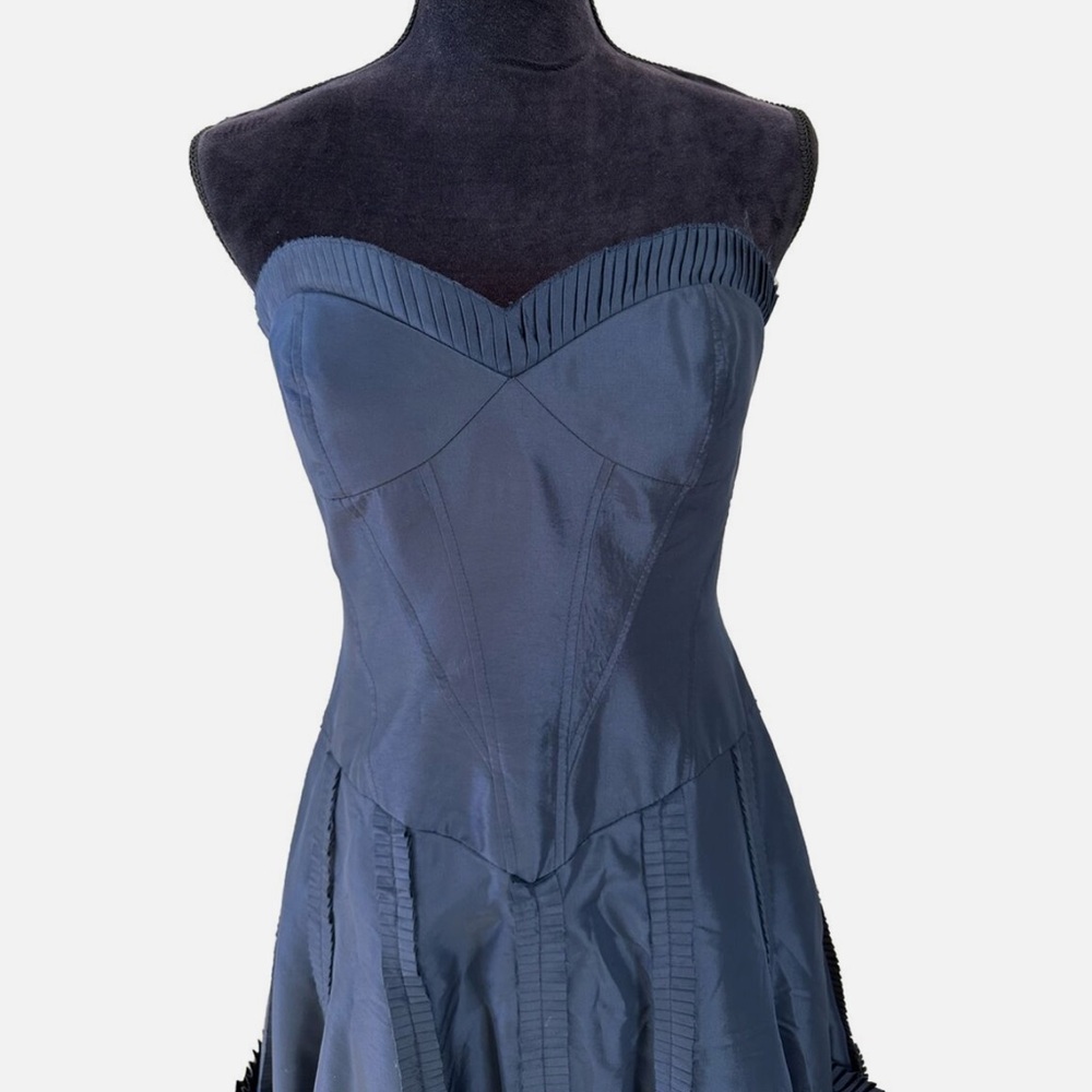 Basix Black Label Strapless Cocktail Dress Womens 6 Blue Metallic Midi Knee - Picture 3 of 13